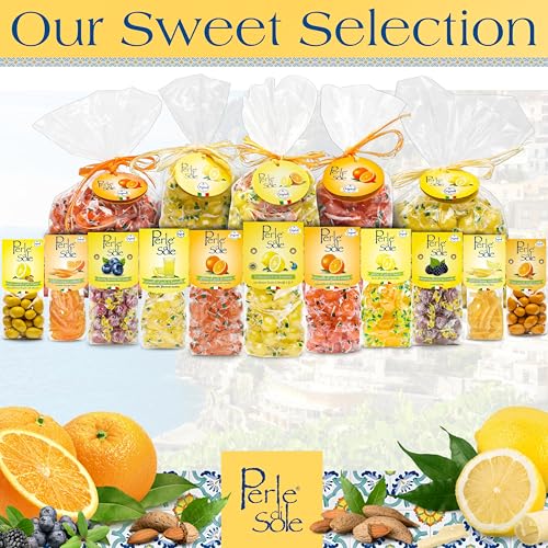 Assorted fruit gummy candies in clear packaging with 'Perle de Sole' branding, surrounded by fruits and nuts.