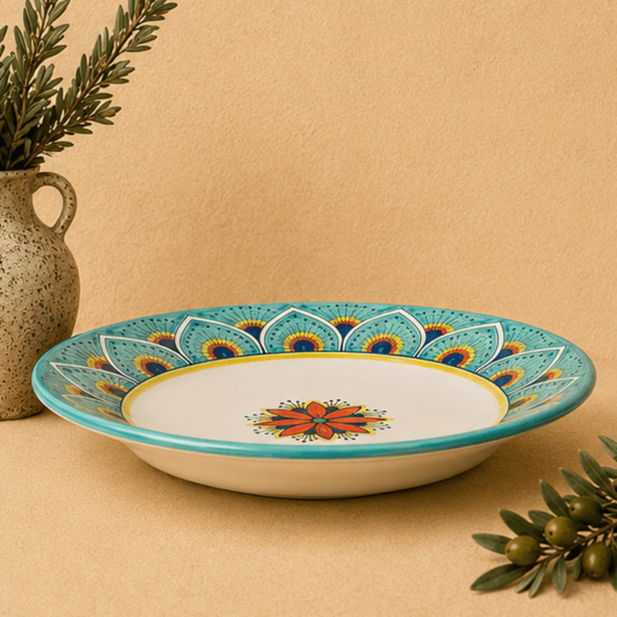 Intreccio Teal Rimmed Soup & Pasta Bowl | Hand-Painted Italian Soup Bowl from Deruta