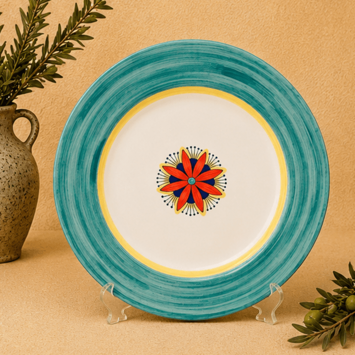Intreccio Teal 4-Piece Place Setting | Hand-Painted Italian Dinnerware from Deruta