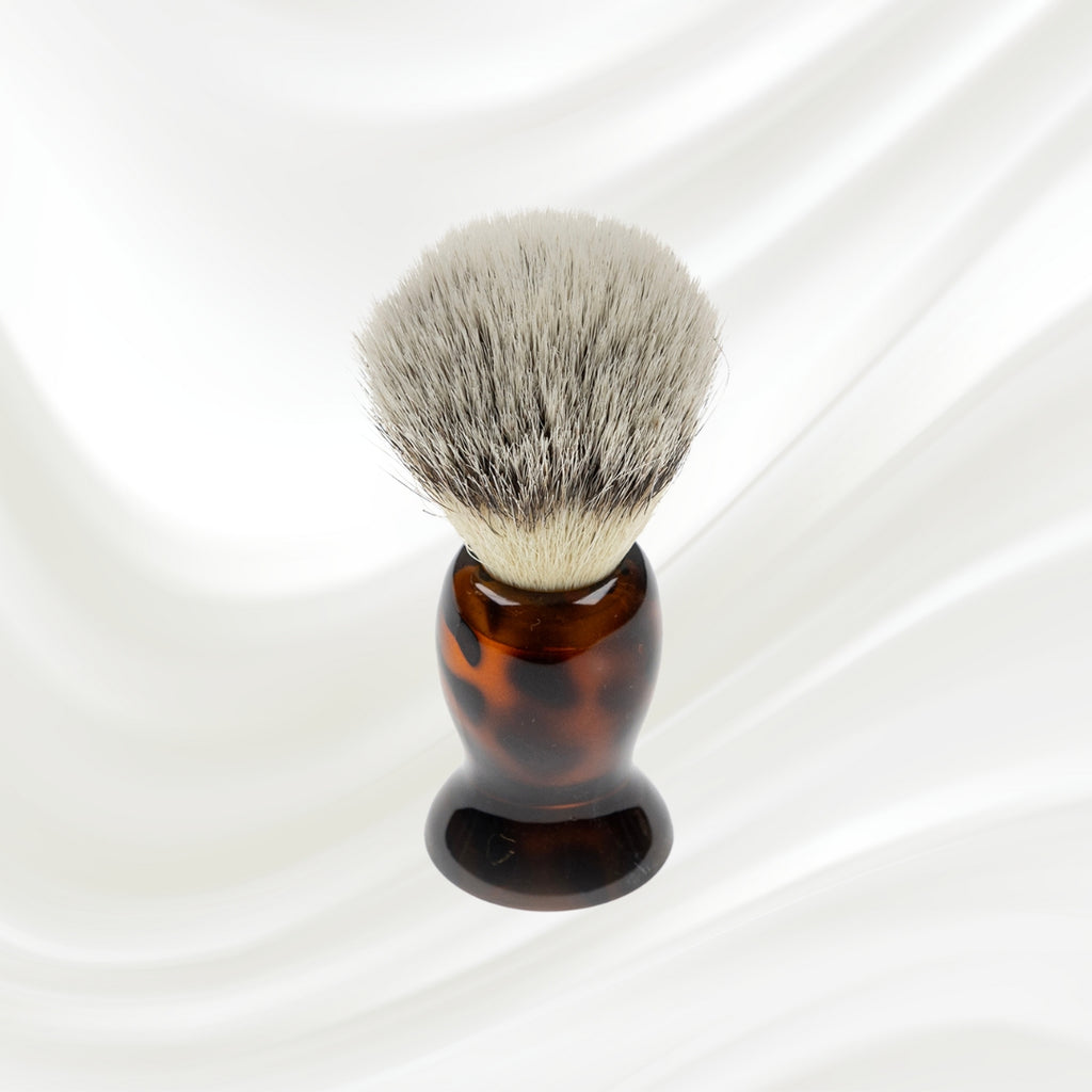 077J KOH-I-NOOR Jaspe natural bristles shaving brush with brown tortoiseshell acetate handle; KOH-I-NOOR's gold logo stamped on the handle
