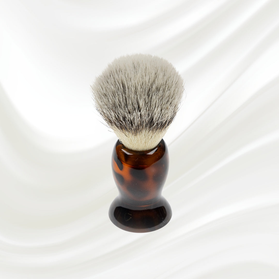 077J KOH-I-NOOR Jaspe natural bristles shaving brush with brown tortoiseshell acetate handle; KOH-I-NOOR's gold logo stamped on the handle
