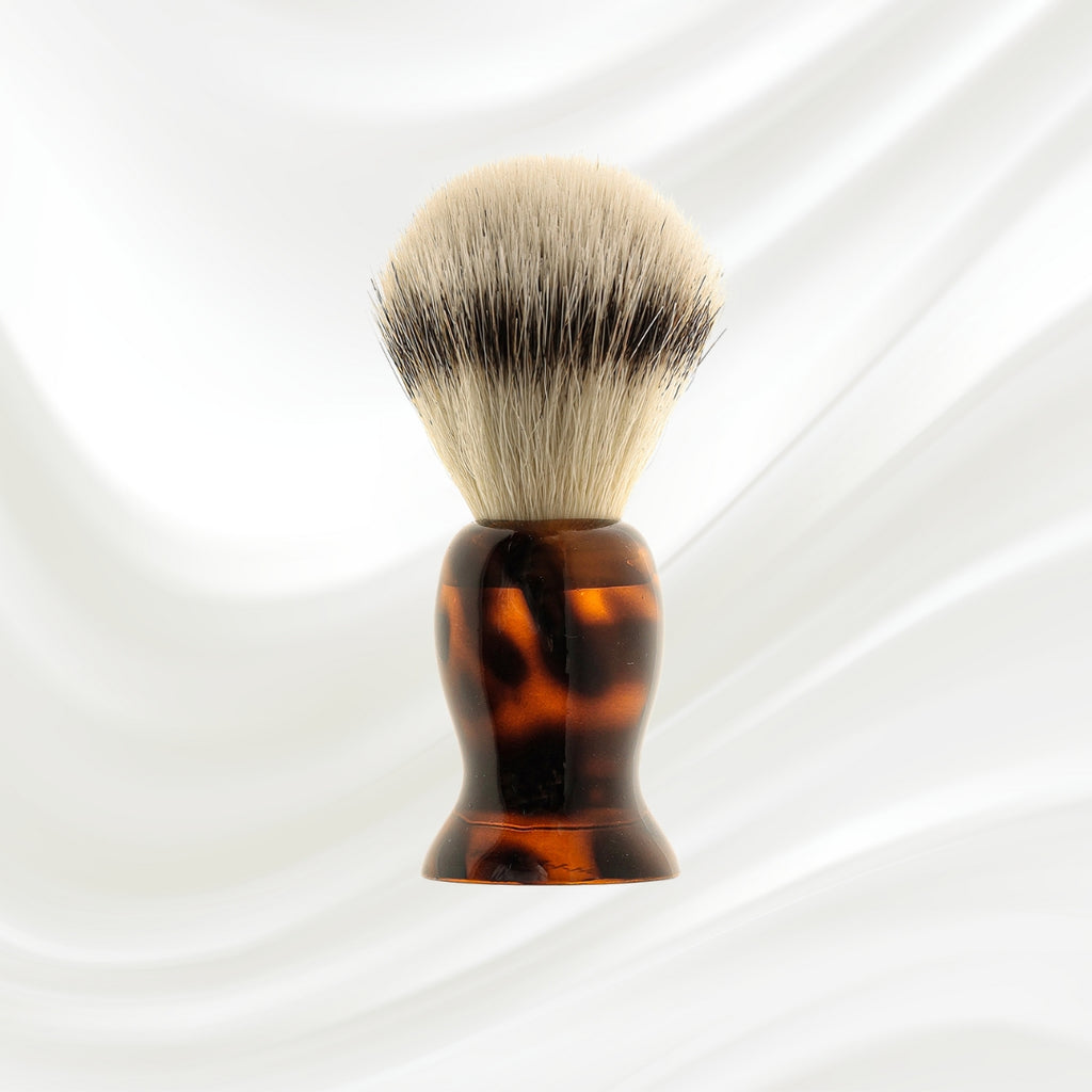 077J KOH-I-NOOR Jaspe natural bristles shaving brush with brown tortoiseshell acetate handle; KOH-I-NOOR's gold logo stamped on the handle