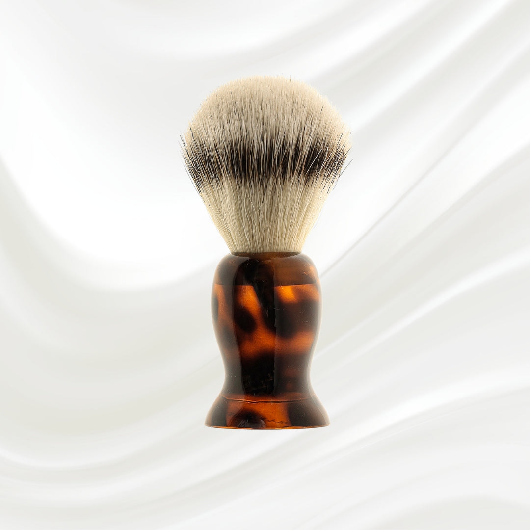 077J KOH-I-NOOR Jaspe natural bristles shaving brush with brown tortoiseshell acetate handle; KOH-I-NOOR's gold logo stamped on the handle