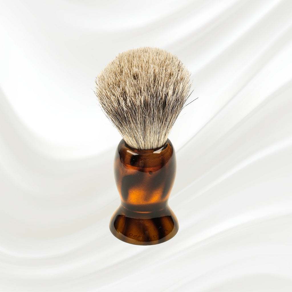 078J KOH-I-NOOR Jaspe badger bristles shaving brush with brown tortoiseshell acetate handle; KOH-I-NOOR's gold logo stamped on the handle
