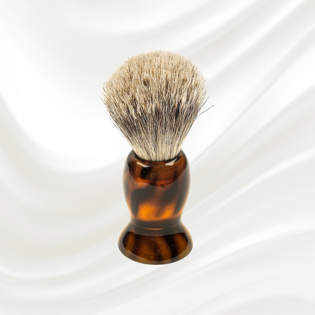 078J KOH-I-NOOR Jaspe badger bristles shaving brush with brown tortoiseshell acetate handle; KOH-I-NOOR's gold logo stamped on the handle