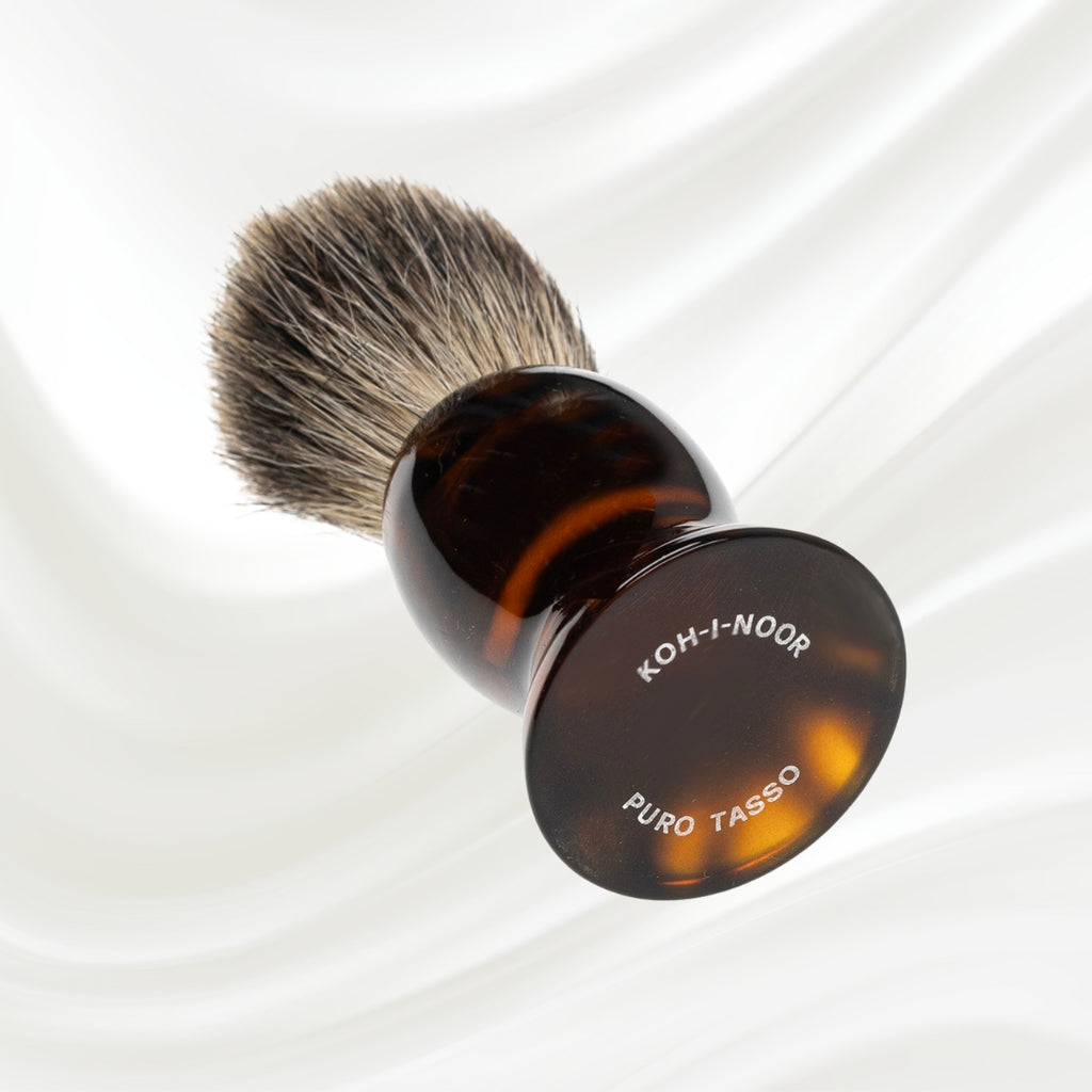 078J KOH-I-NOOR Jaspe badger bristles shaving brush with brown tortoiseshell acetate handle; KOH-I-NOOR's gold logo stamped on the handle