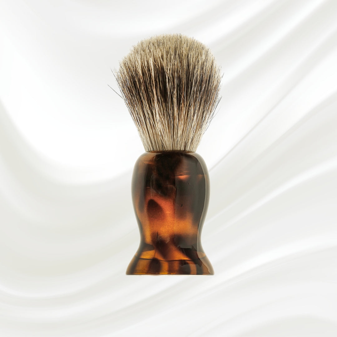 078J KOH-I-NOOR Jaspe badger bristles shaving brush with brown tortoiseshell acetate handle; KOH-I-NOOR's gold logo stamped on the handle
