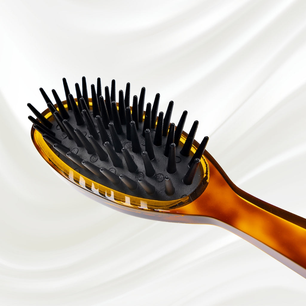 106 KOH-I-NOOR Jaspe large oval hairbrush with brown tortoiseshell acetate handle, and black detangling rubber pins; KOH-I-NOOR's gold logo stamped on the handle