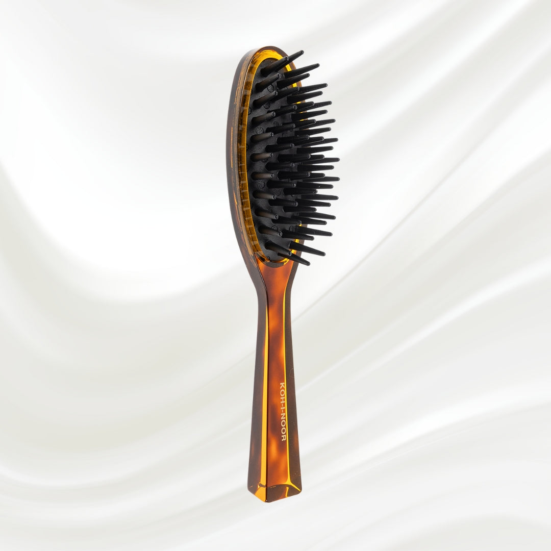 106 KOH-I-NOOR Jaspe large oval hairbrush with brown tortoiseshell acetate handle, and black detangling rubber pins; KOH-I-NOOR's gold logo stamped on the handle