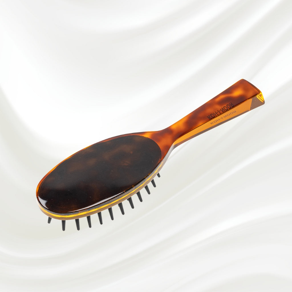 106 KOH-I-NOOR Jaspe large oval hairbrush with brown tortoiseshell acetate handle, and black detangling rubber pins; KOH-I-NOOR's gold logo stamped on the handle