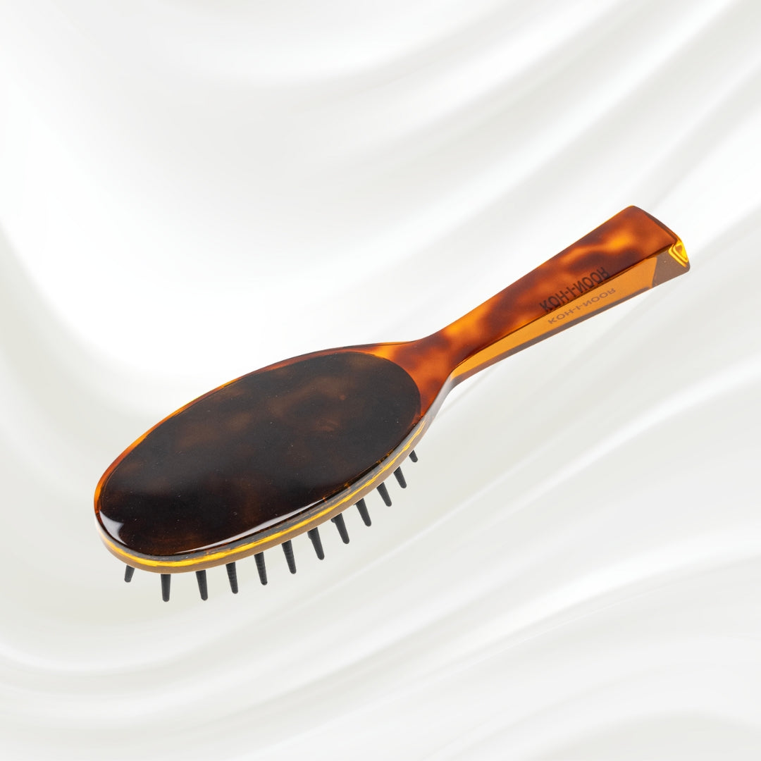 106 KOH-I-NOOR Jaspe large oval hairbrush with brown tortoiseshell acetate handle, and black detangling rubber pins; KOH-I-NOOR's gold logo stamped on the handle