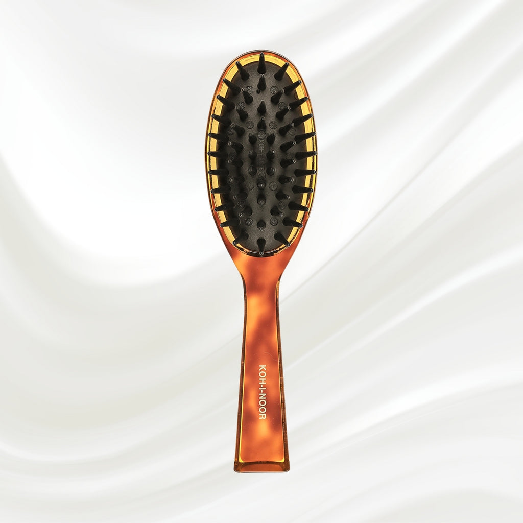106 KOH-I-NOOR Jaspe large oval hairbrush with brown tortoiseshell acetate handle, and black detangling rubber pins; KOH-I-NOOR's gold logo stamped on the handle