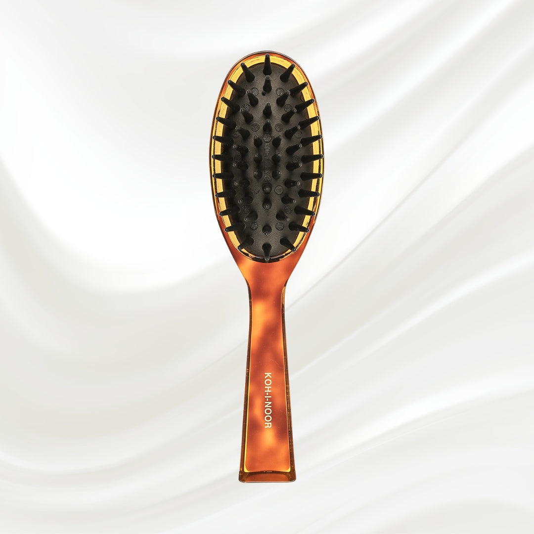 106 KOH-I-NOOR Jaspe large oval hairbrush with brown tortoiseshell acetate handle, and black detangling rubber pins; KOH-I-NOOR's gold logo stamped on the handle