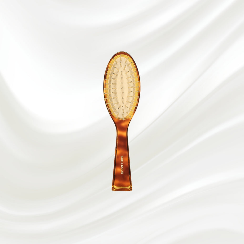 107G KOH-I-NOOR Jaspe small oval hairbrush with brown tortoiseshell acetate handle, and gold pins; KOH-I-NOOR's gold logo stamped on the handle