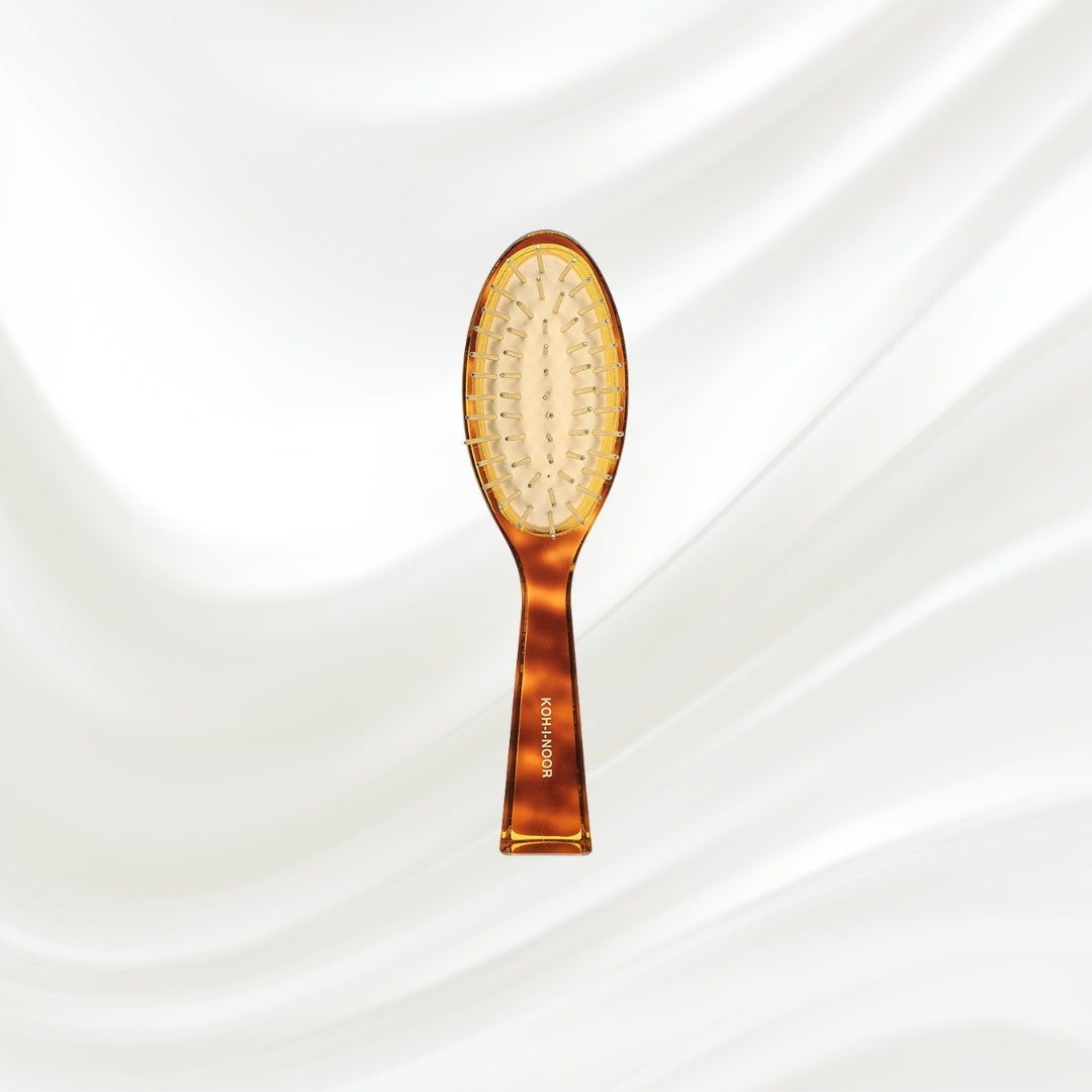 107G KOH-I-NOOR Jaspe small oval hairbrush with brown tortoiseshell acetate handle, and gold pins; KOH-I-NOOR's gold logo stamped on the handle