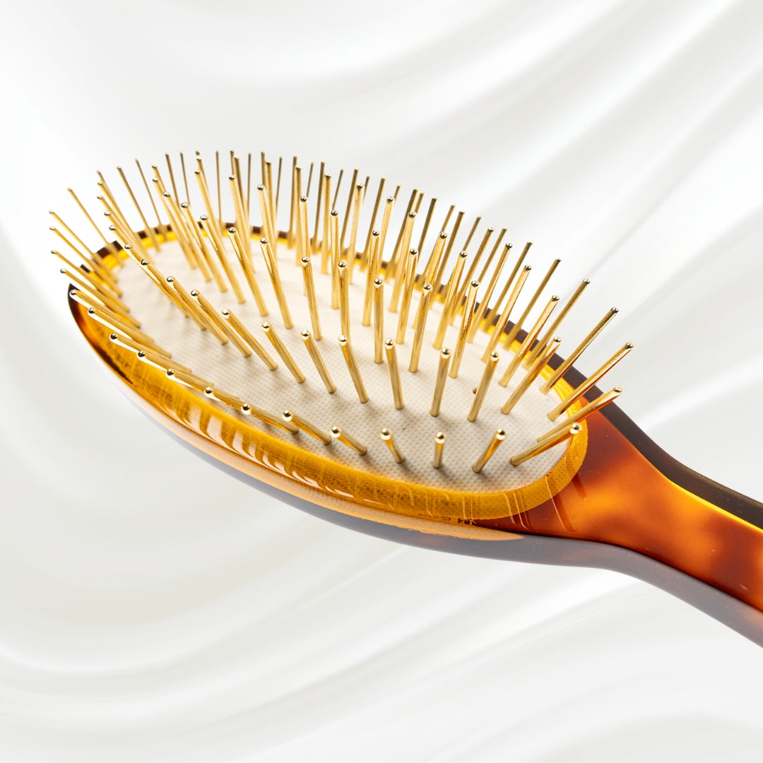 109G KOH-I-NOOR Jaspe large oval hairbrush with brown tortoiseshell acetate handle, and gold pins; KOH-I-NOOR's gold logo stamped on the handle