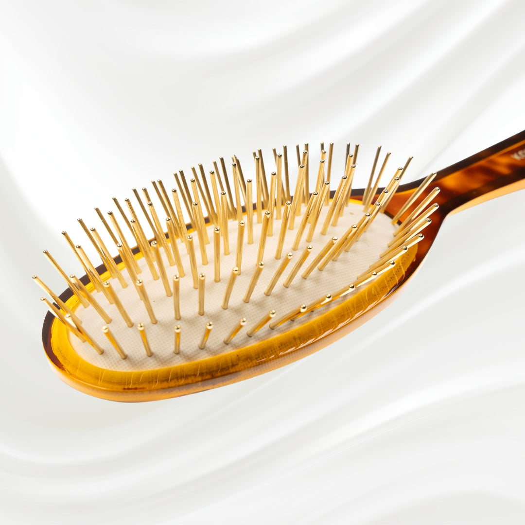 109G KOH-I-NOOR Jaspe large oval hairbrush with brown tortoiseshell acetate handle, and gold pins; KOH-I-NOOR's gold logo stamped on the handle