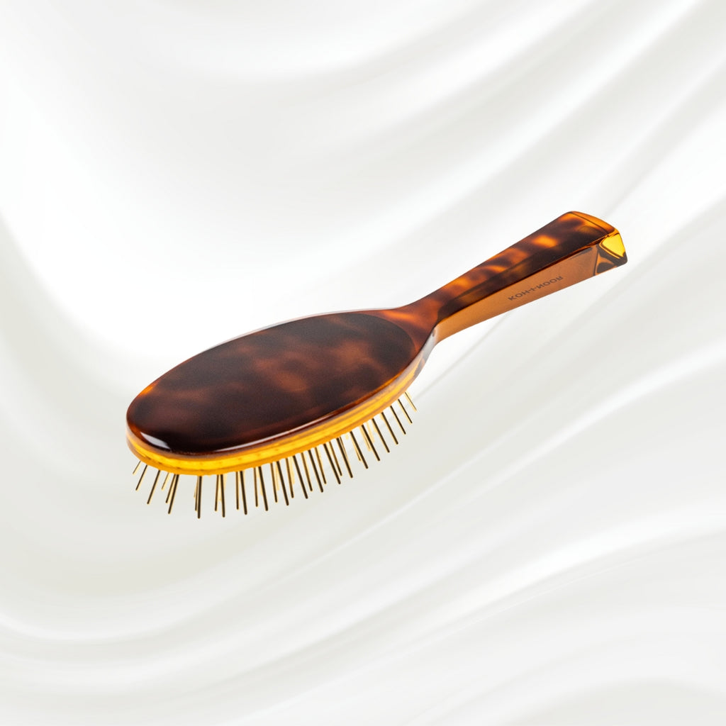 109G KOH-I-NOOR Jaspe large oval hairbrush with brown tortoiseshell acetate handle, and gold pins; KOH-I-NOOR's gold logo stamped on the handle