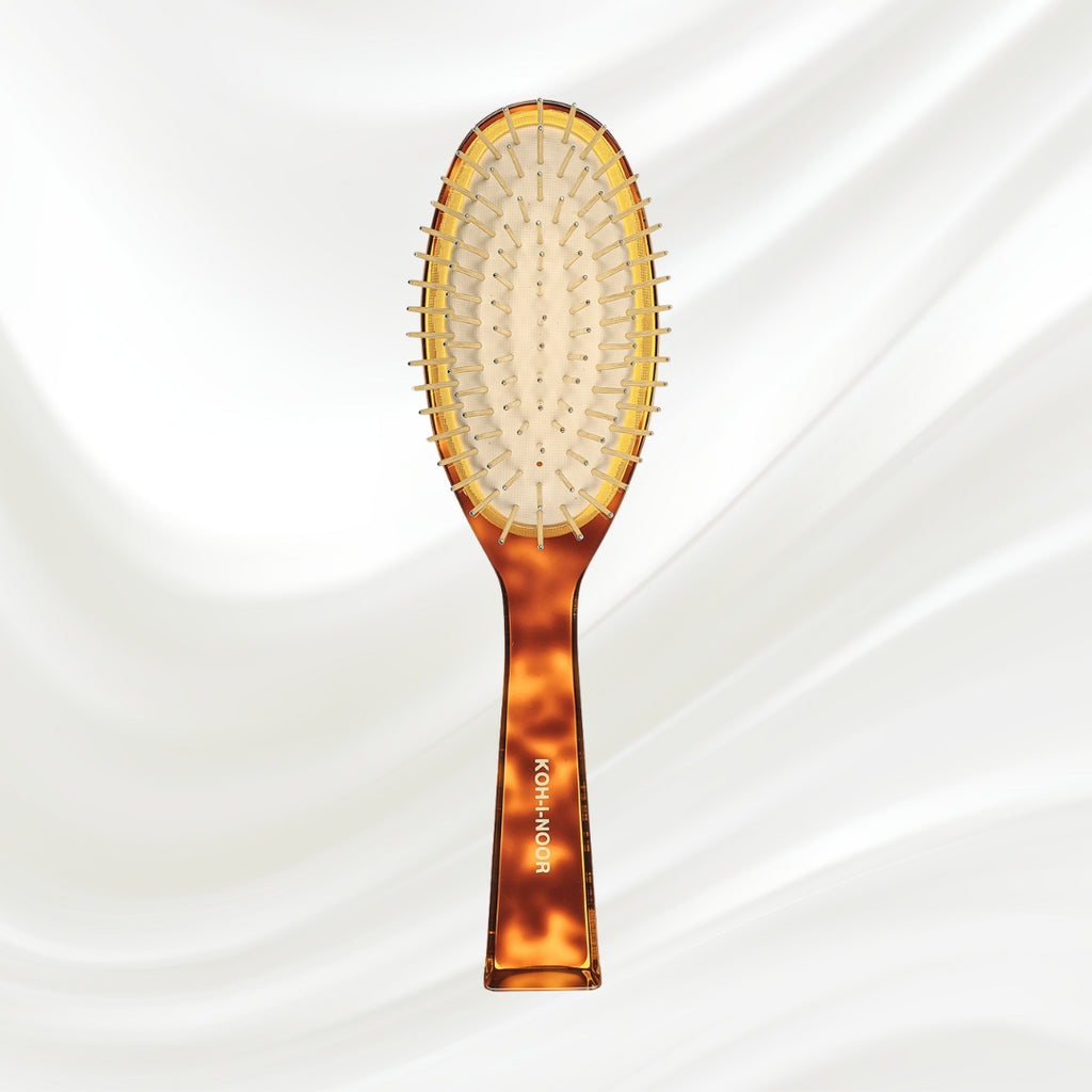 109G KOH-I-NOOR Jaspe large oval hairbrush with brown tortoiseshell acetate handle, and gold pins; KOH-I-NOOR's gold logo stamped on the handle