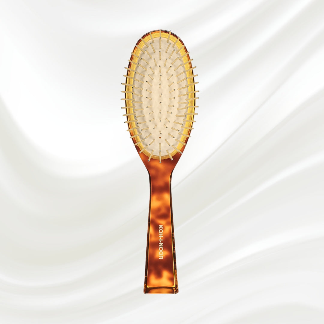 109G KOH-I-NOOR Jaspe large oval hairbrush with brown tortoiseshell acetate handle, and gold pins; KOH-I-NOOR's gold logo stamped on the handle