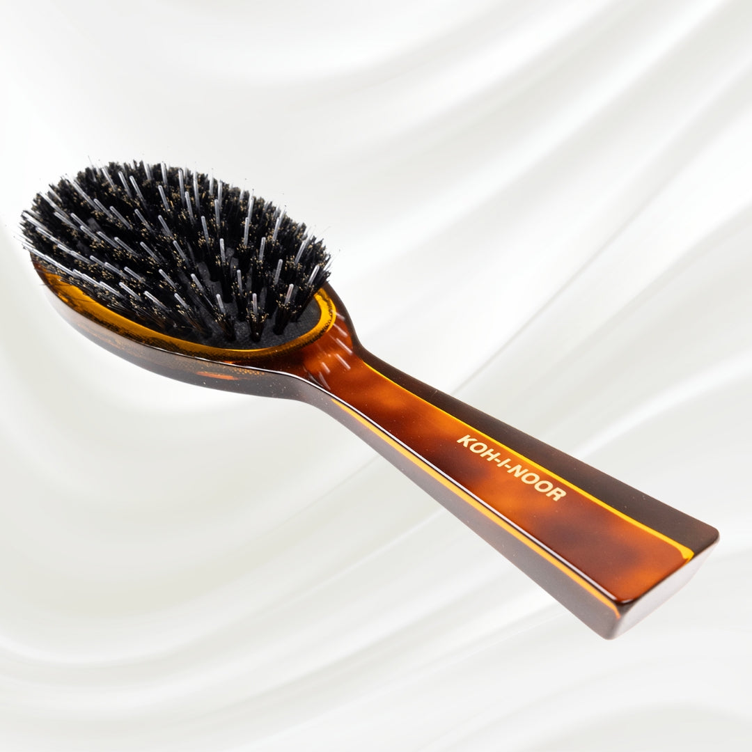 122 KOH-I-NOOR Jaspe large oval hairbrush with brown tortoiseshell acetate handle, black boar bristles and nylon pins; KOH-I-NOOR's gold logo stamped on the handle