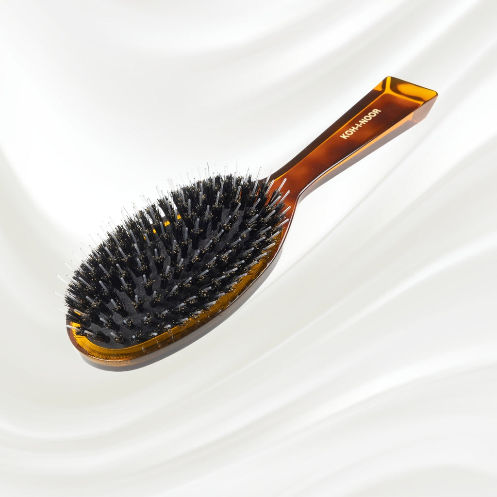 122 KOH-I-NOOR Jaspe large oval hairbrush with brown tortoiseshell acetate handle, black boar bristles and nylon pins; KOH-I-NOOR's gold logo stamped on the handle