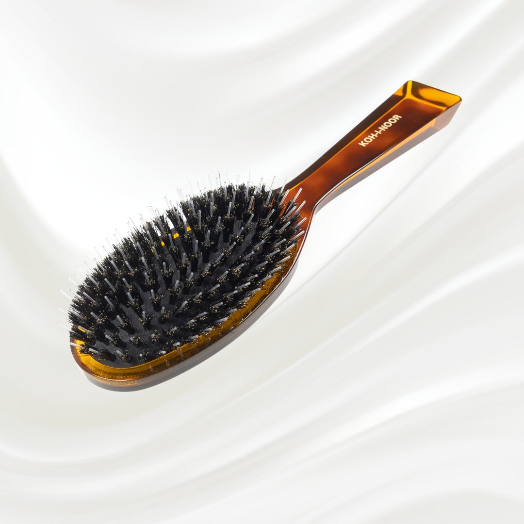 122 KOH-I-NOOR Jaspe large oval hairbrush with brown tortoiseshell acetate handle, black boar bristles and nylon pins; KOH-I-NOOR's gold logo stamped on the handle