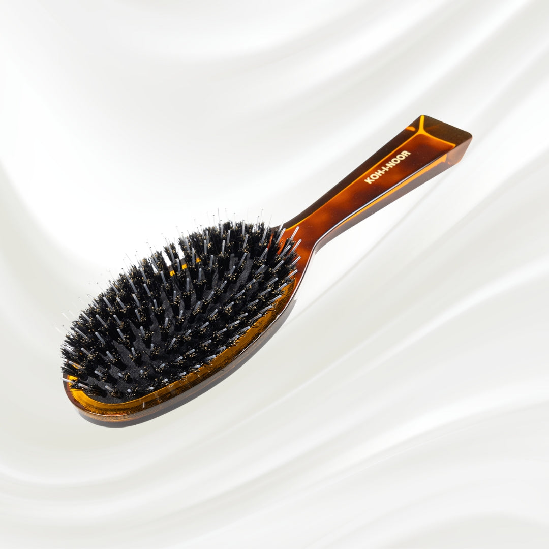 122 KOH-I-NOOR Jaspe large oval hairbrush with brown tortoiseshell acetate handle, black boar bristles and nylon pins; KOH-I-NOOR's gold logo stamped on the handle