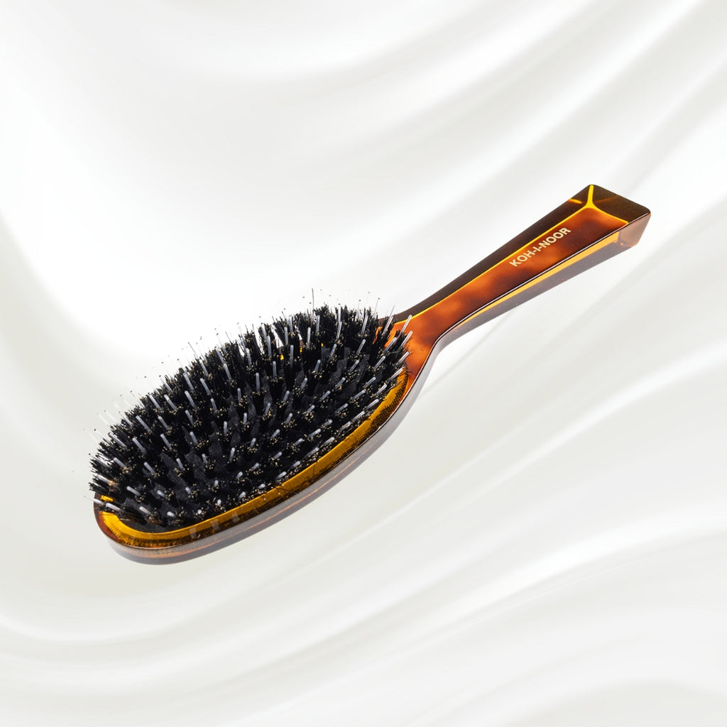 122 KOH-I-NOOR Jaspe large oval hairbrush with brown tortoiseshell acetate handle, black boar bristles and nylon pins; KOH-I-NOOR's gold logo stamped on the handle