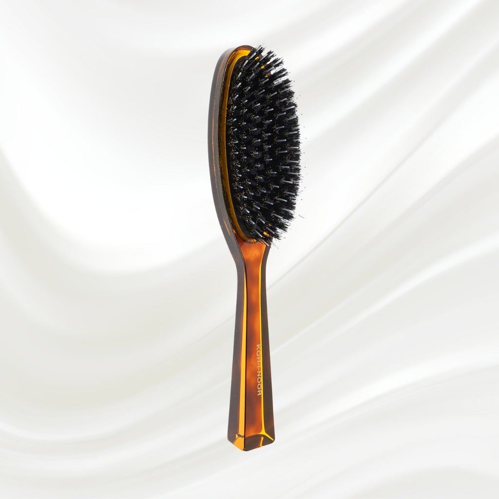 122 KOH-I-NOOR Jaspe large oval hairbrush with brown tortoiseshell acetate handle, black boar bristles and nylon pins; KOH-I-NOOR's gold logo stamped on the handle