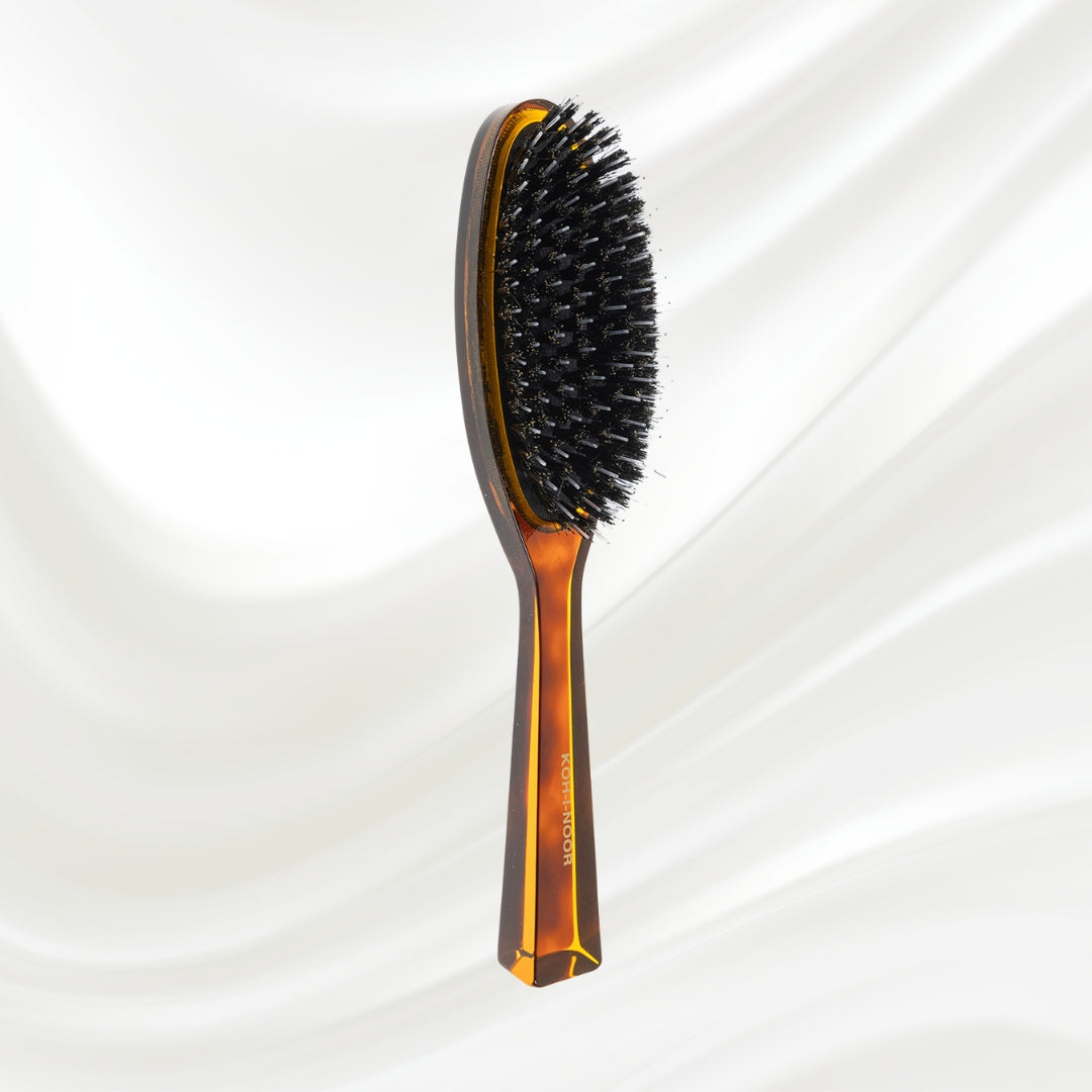 122 KOH-I-NOOR Jaspe large oval hairbrush with brown tortoiseshell acetate handle, black boar bristles and nylon pins; KOH-I-NOOR's gold logo stamped on the handle