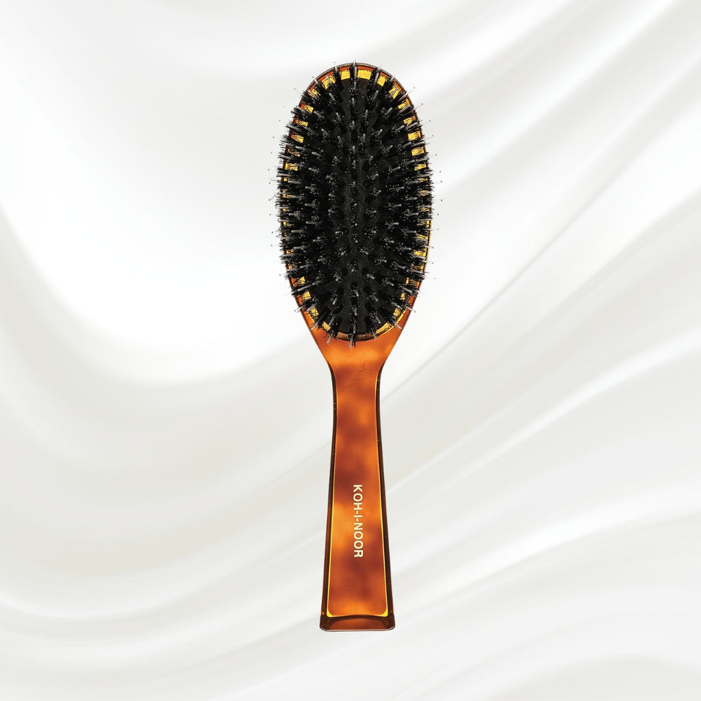 122 KOH-I-NOOR Jaspe large oval hairbrush with brown tortoiseshell acetate handle, black boar bristles and nylon pins; KOH-I-NOOR's gold logo stamped on the handle