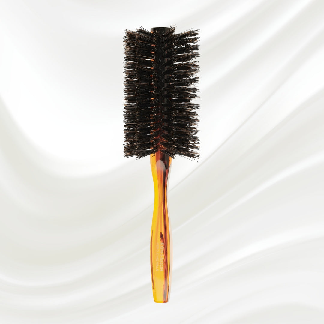 123 KOH-I-NOOR round styling hairbrush with brown tortoiseshell acetate handle and black boar bristles; KOH-I-NOOR's gold logo stamped on the handle