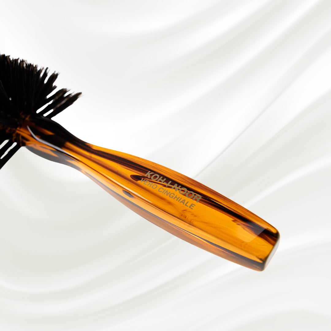 123 KOH-I-NOOR round styling hairbrush with brown tortoiseshell acetate handle and black boar bristles; KOH-I-NOOR's gold logo stamped on the handle