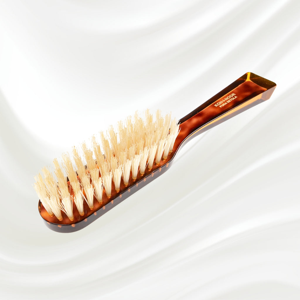124B KOH-I-NOOR small rectangular hairbrush with brown tortoiseshell acetate handle and white natural bristles; KOH-I-NOOR's gold logo stamped on the handle