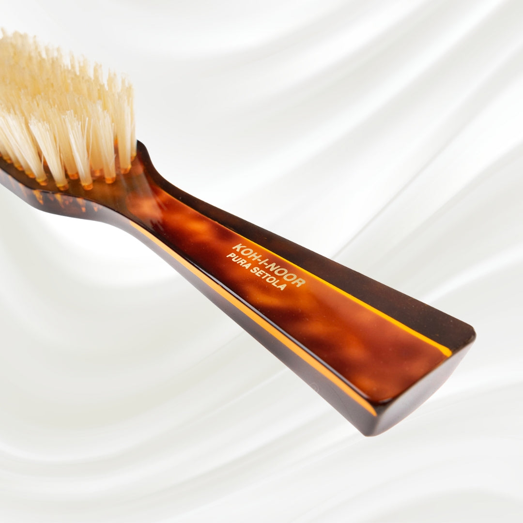 124B KOH-I-NOOR small rectangular hairbrush with brown tortoiseshell acetate handle and white natural bristles; KOH-I-NOOR's gold logo stamped on the handle
