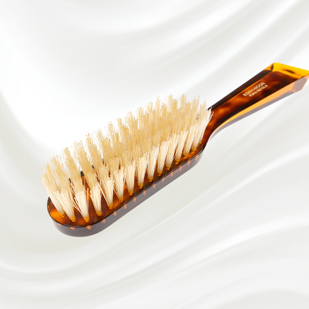 124B KOH-I-NOOR small rectangular hairbrush with brown tortoiseshell acetate handle and white natural bristles; KOH-I-NOOR's gold logo stamped on the handle