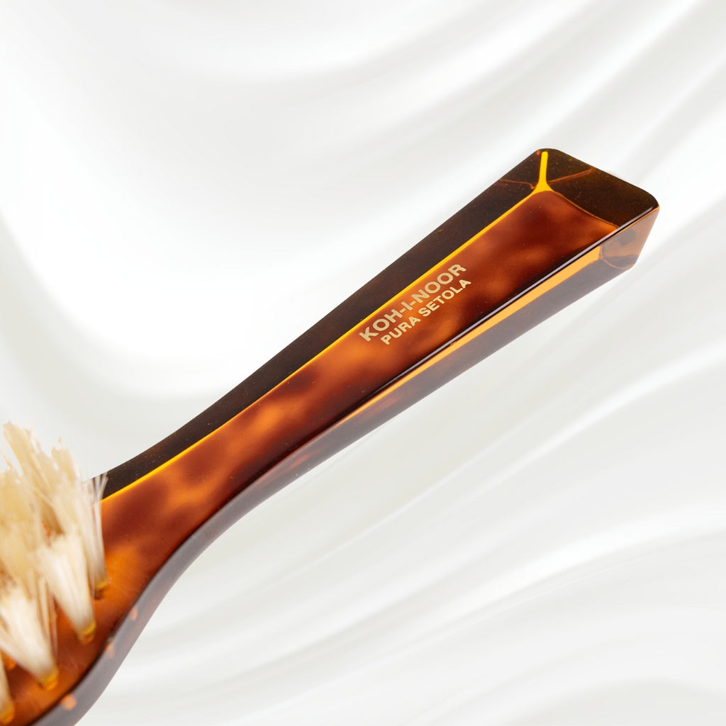124B KOH-I-NOOR small rectangular hairbrush with brown tortoiseshell acetate handle and white natural bristles; KOH-I-NOOR's gold logo stamped on the handle