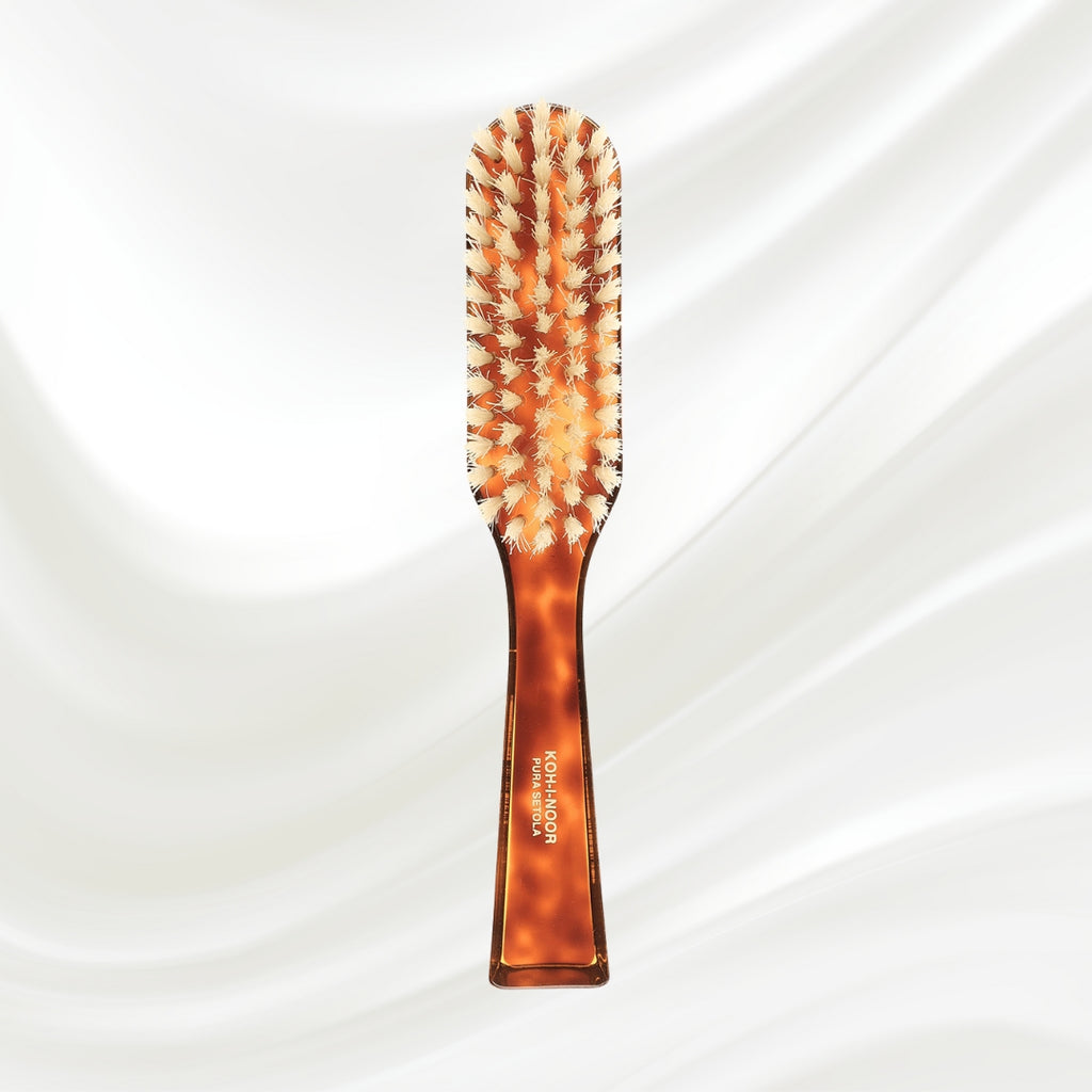 124B KOH-I-NOOR small rectangular hairbrush with brown tortoiseshell acetate handle and white natural bristles; KOH-I-NOOR's gold logo stamped on the handle