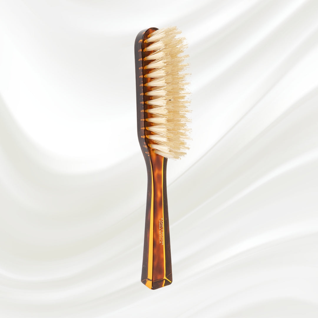 124B KOH-I-NOOR small rectangular hairbrush with brown tortoiseshell acetate handle and white natural bristles; KOH-I-NOOR's gold logo stamped on the handle