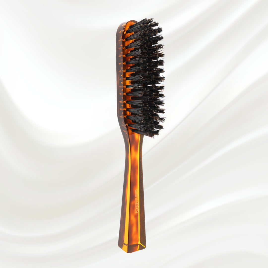 124 KOH-I-NOOR small rectangular hairbrush with brown tortoiseshell acetate handle and black boar bristles; KOH-I-NOOR's gold logo stamped on the handle