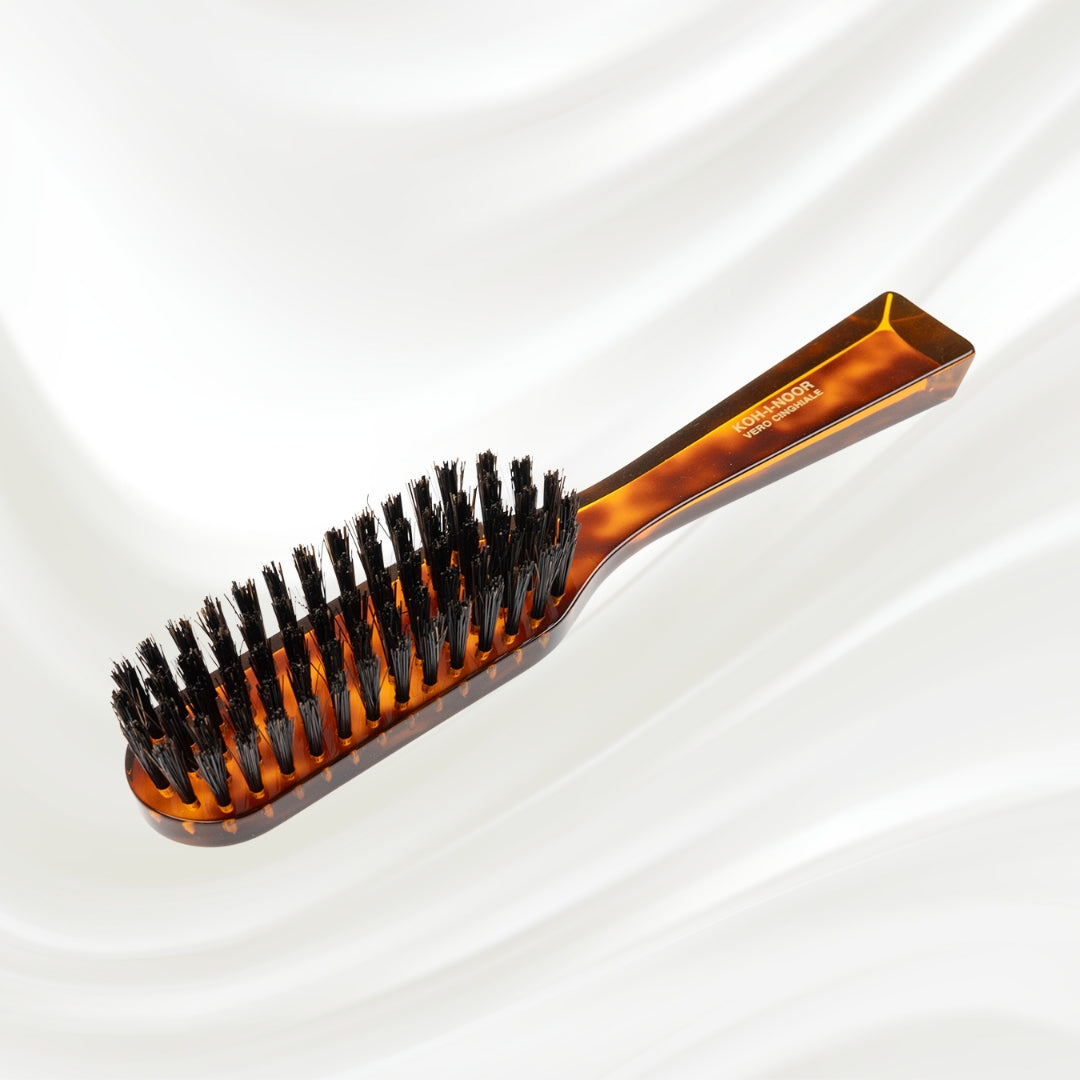 124 KOH-I-NOOR small rectangular hairbrush with brown tortoiseshell acetate handle and black boar bristles; KOH-I-NOOR's gold logo stamped on the handle
