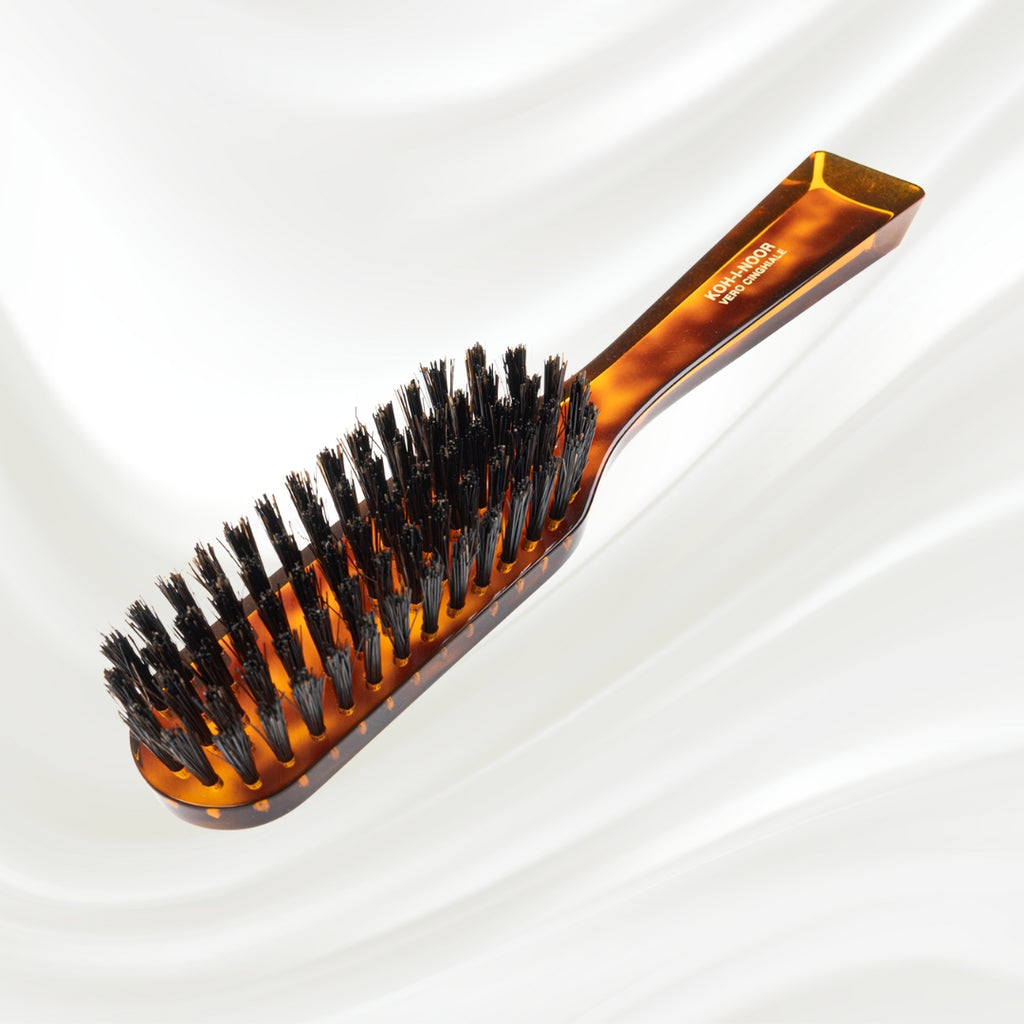124 KOH-I-NOOR small rectangular hairbrush with brown tortoiseshell acetate handle and black boar bristles; KOH-I-NOOR's gold logo stamped on the handle