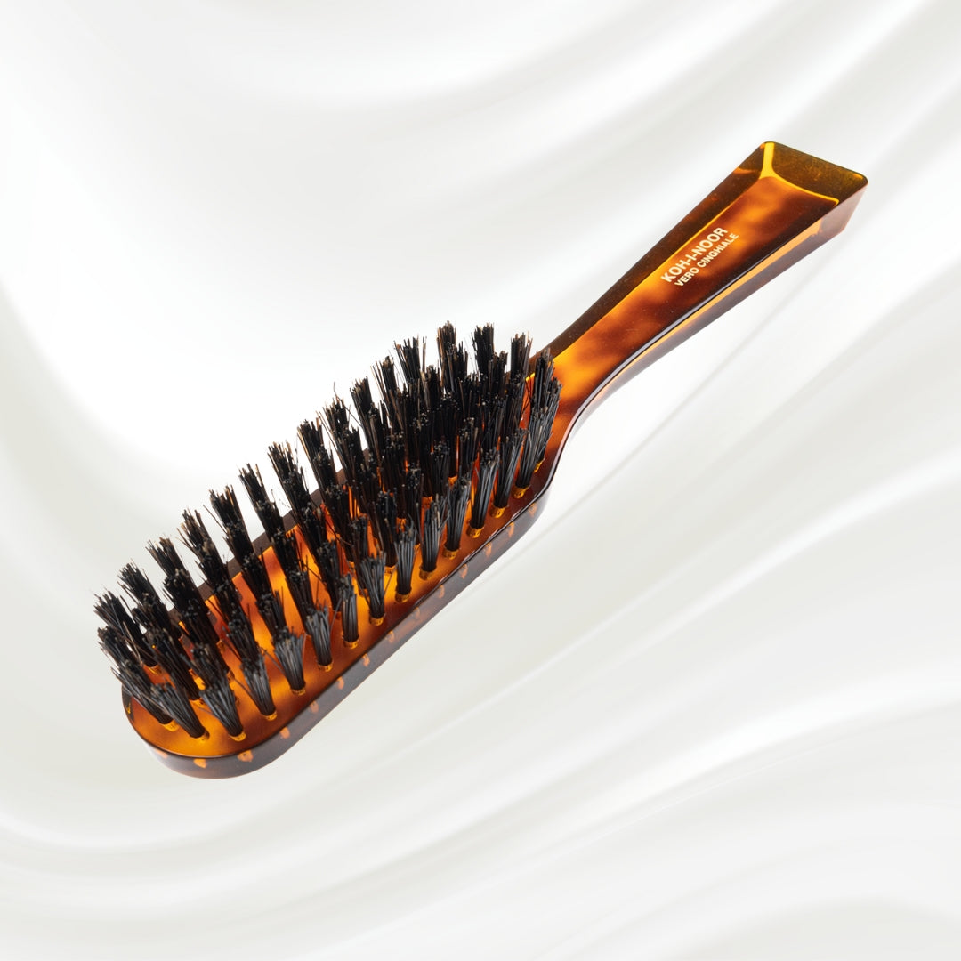 124 KOH-I-NOOR small rectangular hairbrush with brown tortoiseshell acetate handle and black boar bristles; KOH-I-NOOR's gold logo stamped on the handle