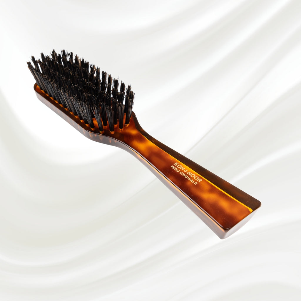 124 KOH-I-NOOR small rectangular hairbrush with brown tortoiseshell acetate handle and black boar bristles; KOH-I-NOOR's gold logo stamped on the handle