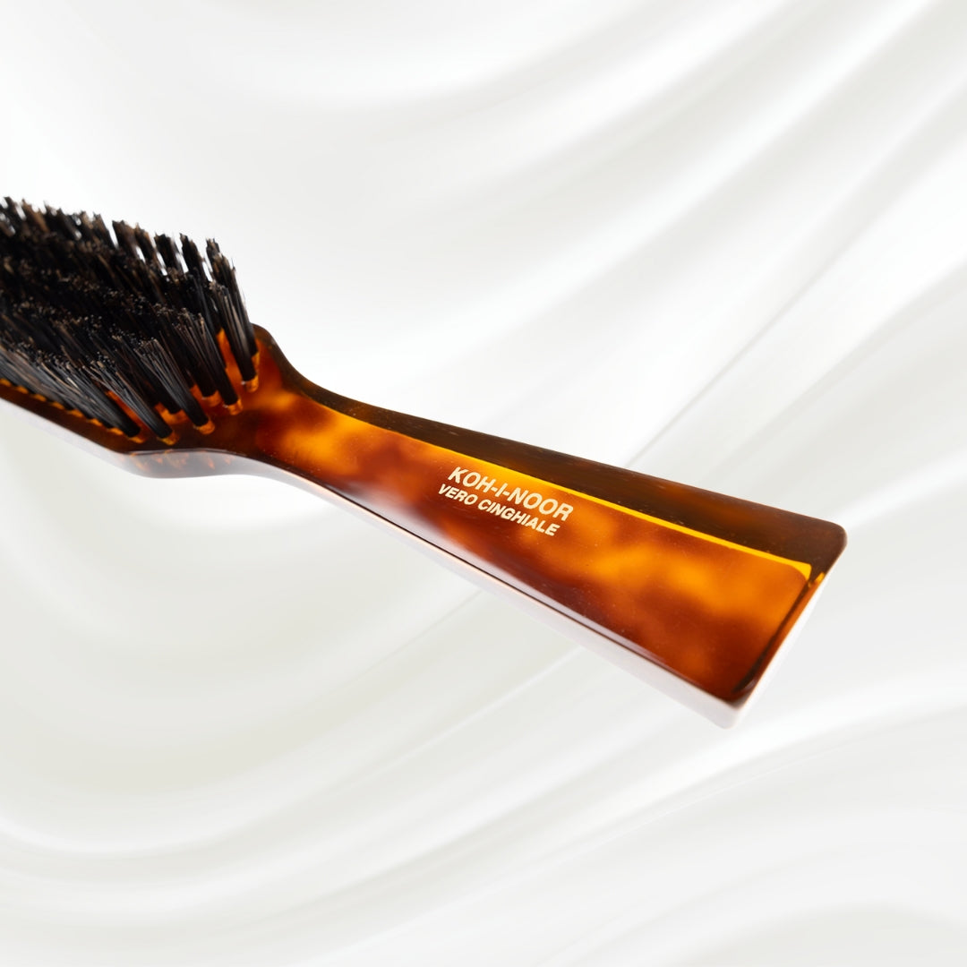 124 KOH-I-NOOR small rectangular hairbrush with brown tortoiseshell acetate handle and black boar bristles; KOH-I-NOOR's gold logo stamped on the handle
