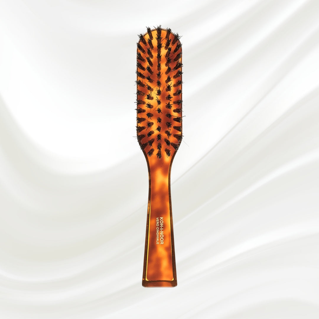 124 KOH-I-NOOR small rectangular hairbrush with brown tortoiseshell acetate handle and black boar bristles; KOH-I-NOOR's gold logo stamped on the handle