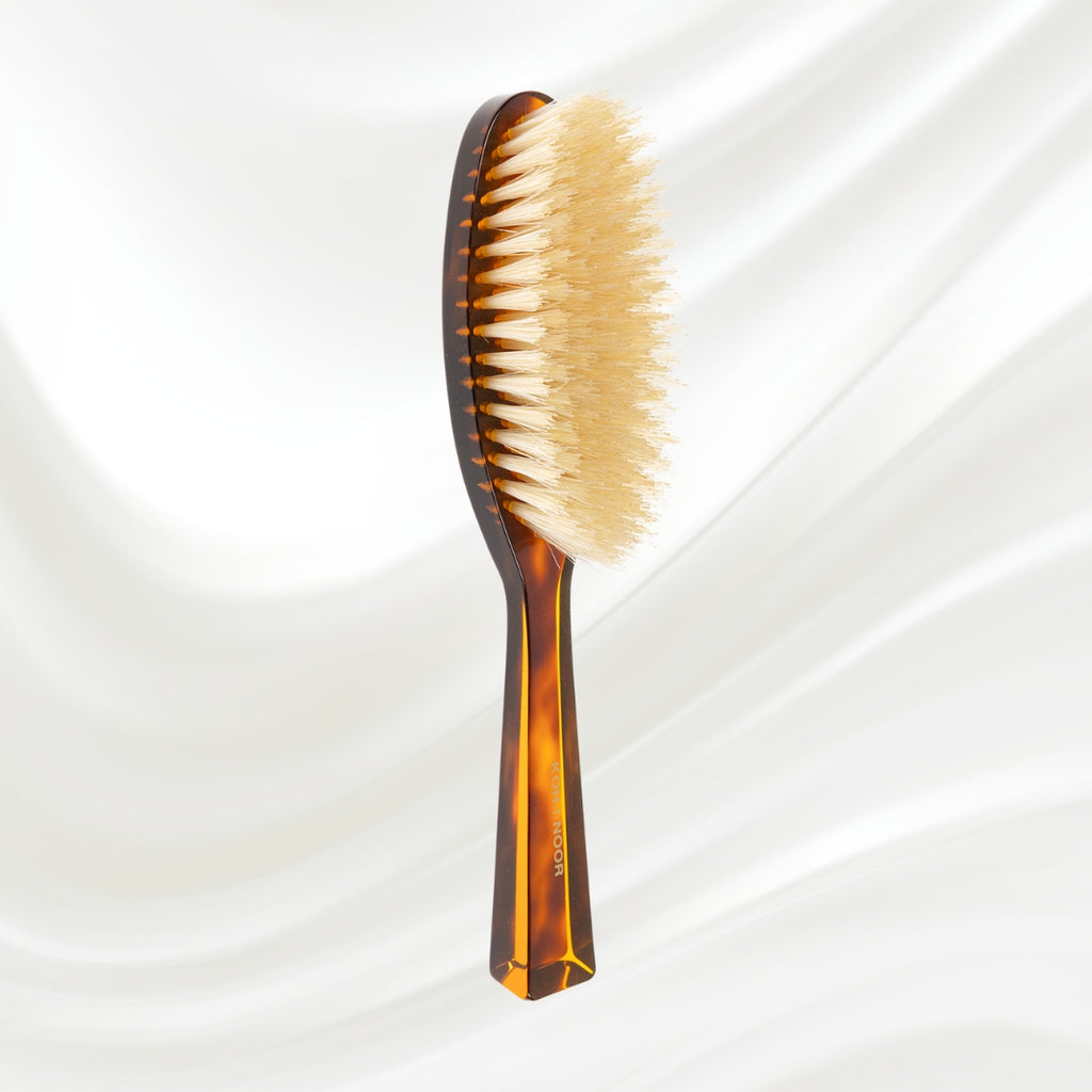 126 KOH-I-NOOR large oval hairbrush with brown tortoiseshell acetate handle and white natural bristles; KOH-I-NOOR's gold logo stamped on the handle