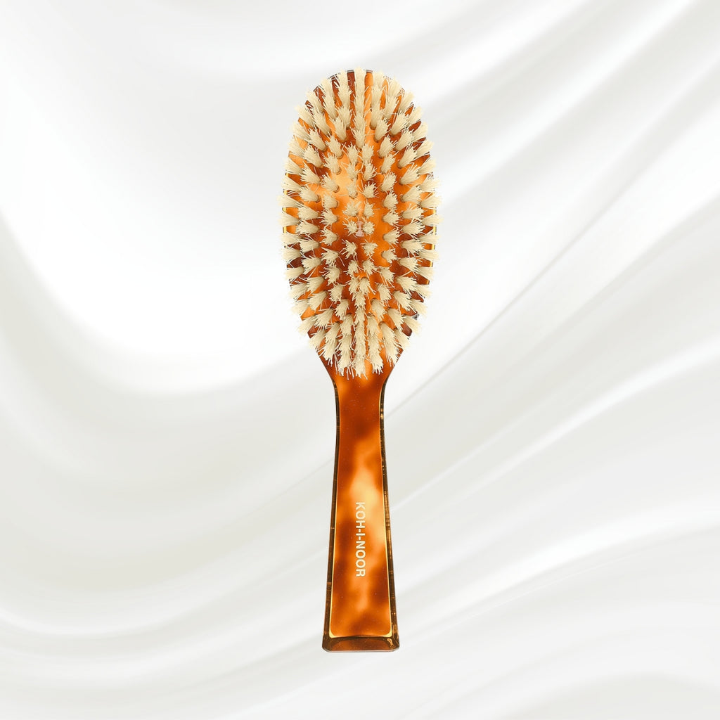 126 KOH-I-NOOR large oval hairbrush with brown tortoiseshell acetate handle and white natural bristles; KOH-I-NOOR's gold logo stamped on the handle