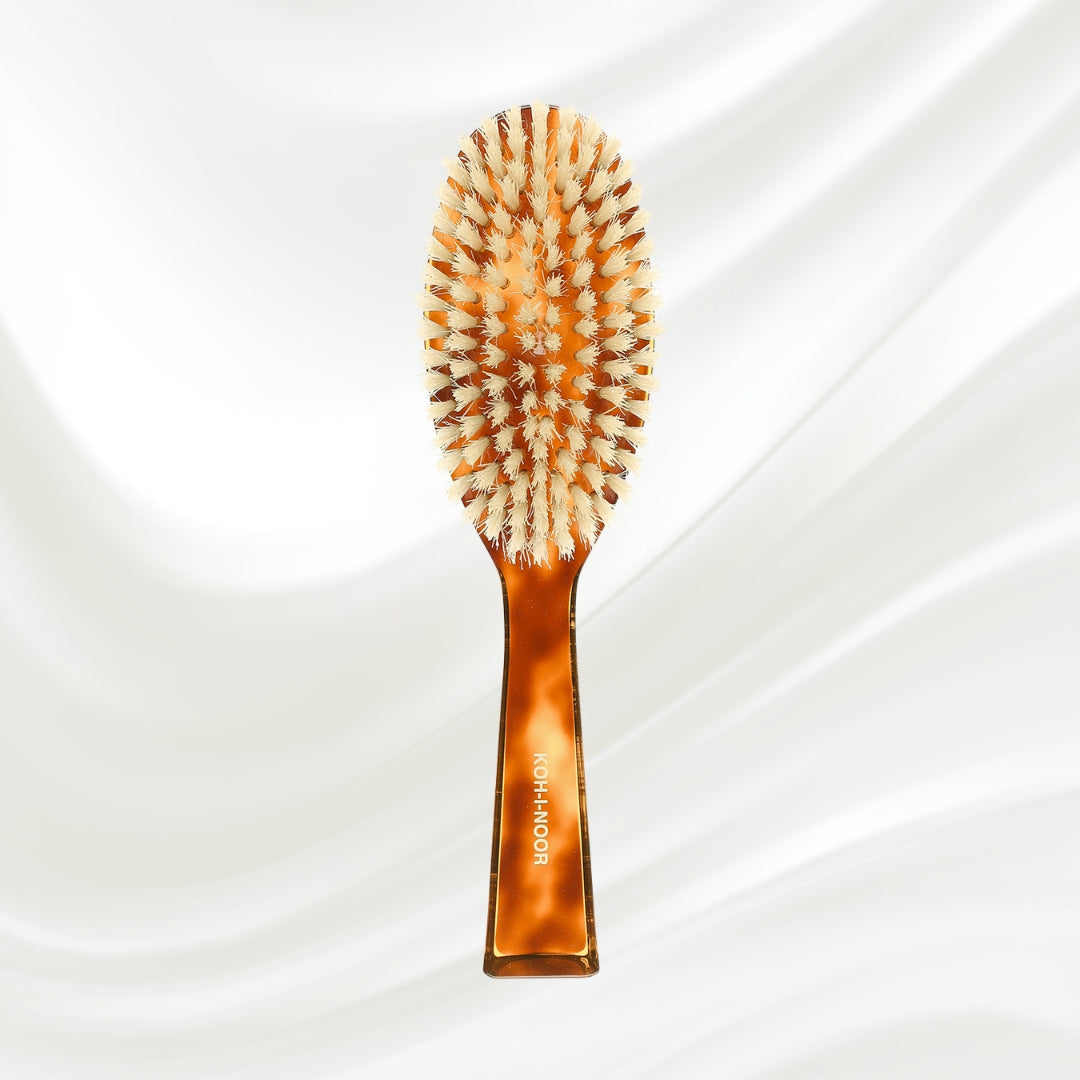 126 KOH-I-NOOR large oval hairbrush with brown tortoiseshell acetate handle and white natural bristles; KOH-I-NOOR's gold logo stamped on the handle